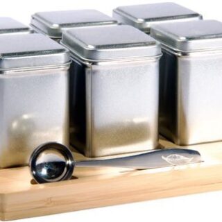 Theeplank bamboe met 6 smaken thee in blik